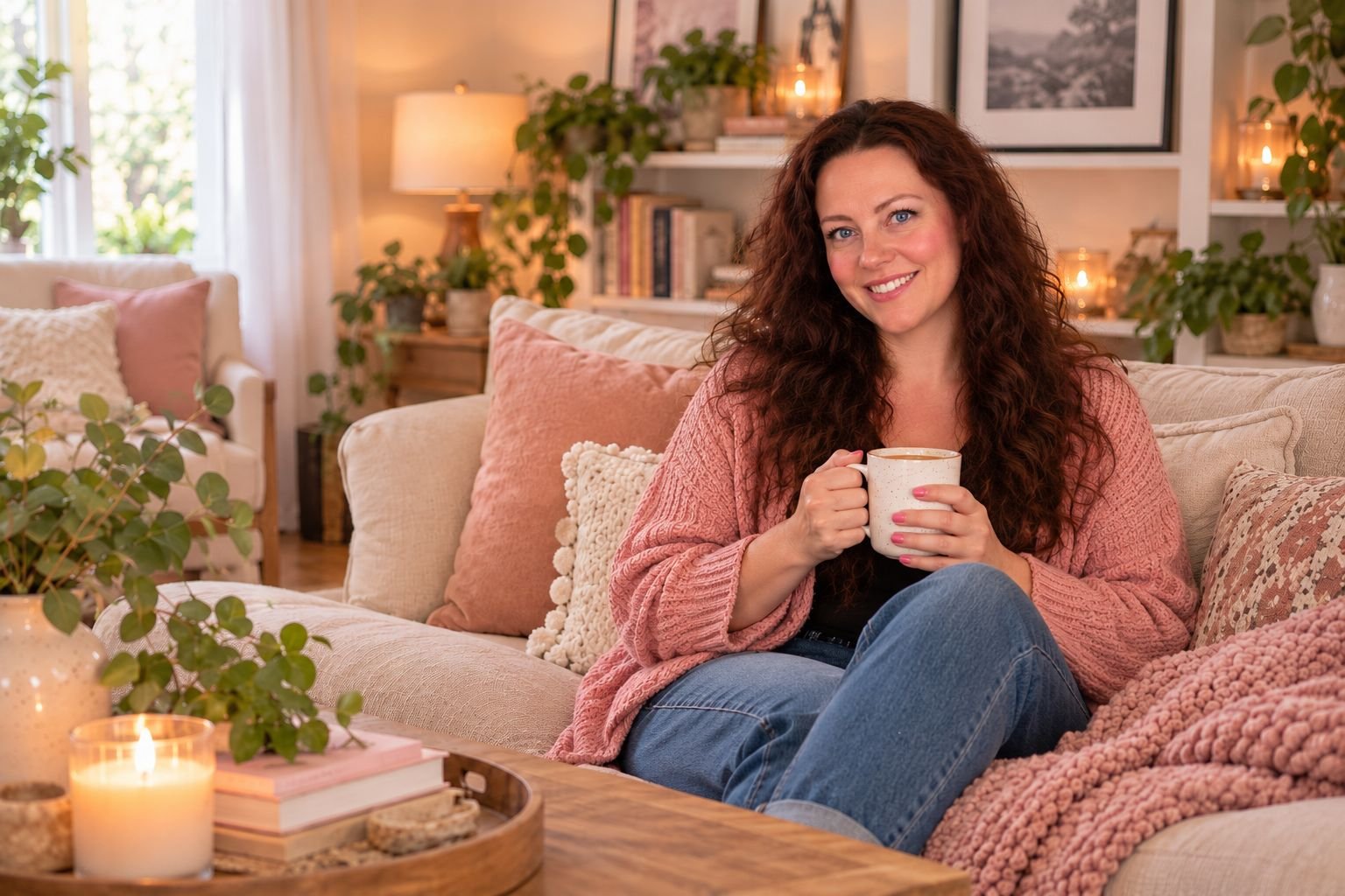 Mia Lilli relaxing on her sofa with a cup of coffee