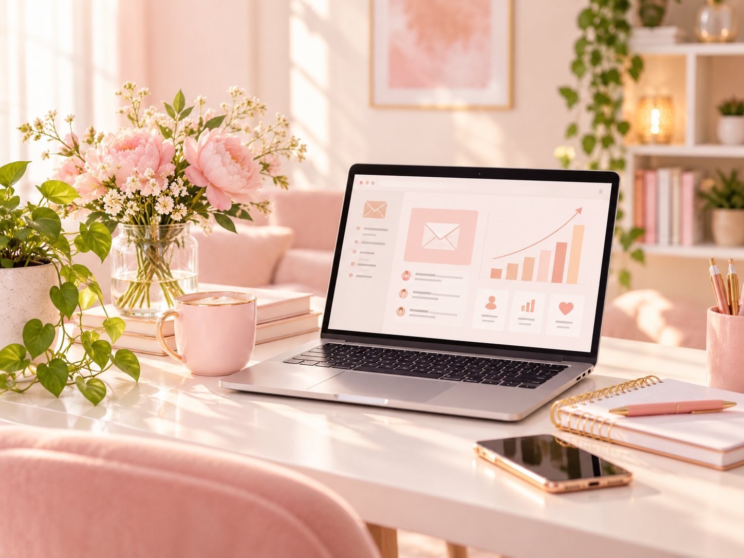 A bright pink desk with a laptop, flowers and coffee
